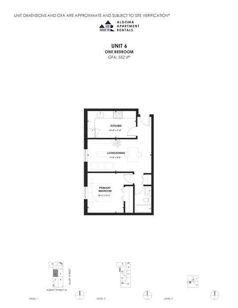 Floor plan for 1 bed, 1 bath, 552 sqft